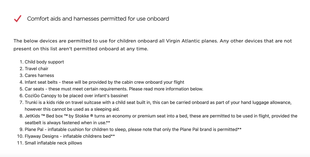 Virgin Atlantic clearly details what comfort devices or toddler beds they do or don't allow on board their flights.