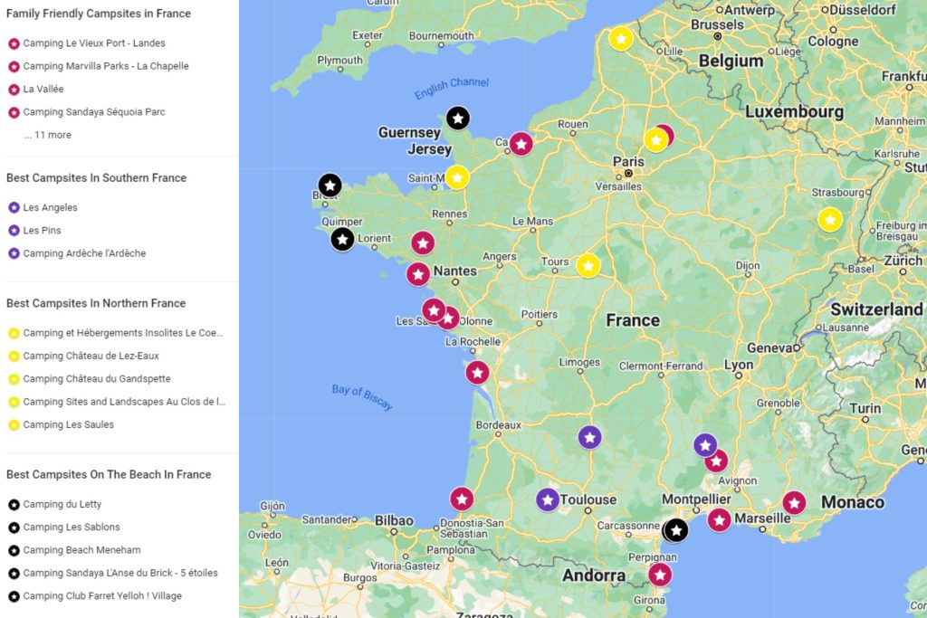 Maps of Best Family Campsites in France for Kids